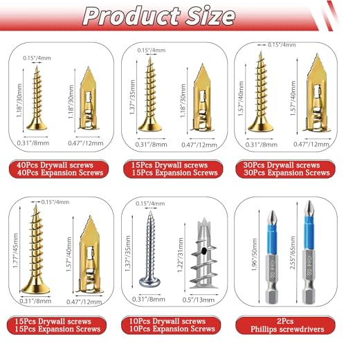 220PCS Self Drilling Drywall Anchors with Screws Kit, Wall Anchors for Drywall, 5-Sizes Metal Expansion Bolt for Dry Wall,110 PCS Sheetrock Anchors and 110 PCS Screws-No Drill Needed
