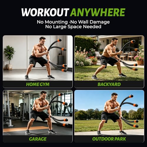 Weighted Ropeless Battle Ropes, Heavy Duty Portable Cordless Battle Rope for Home Gym with Grip Poster Strengtheners, Grip Poster & Storage Bag. Battle Rope Sticks for HIIT, Strength & Quiet Cardio