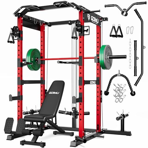 RH01 Power Cage Rack, 2000LBS Squat Rack with with Cable Crossover System&LAT Pull Down System, Multi-Function Workout Cage for Home&Garage Gym - color: Red, size: RH01 Power Cage with 120LB C Weights