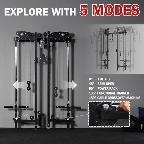 Mikolo Folding Squat Rack, Wall Mounted Power Rack with Cable Crossover Machine & LAT Pull Down, Functional Trainer with 5 Adjustable Function Modes, Home Gym Package - color: Black, size: WR00 SlimFold (Rack Only)