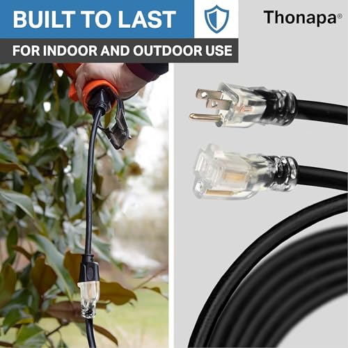 Thonapa 12 Gauge Extension Cord 10 Ft Outdoor - 12/3 Heavy Duty, 3 Prong | SJTOW Oil Resistant Black Cable, Lighted End, Grounded Plug, For Job Sites, Garden & Major Appliances - color: Black, size: 10 Foot