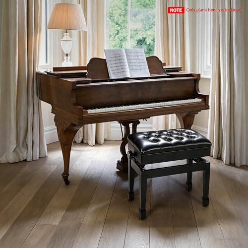 Adjustable Piano Bench with Storage, Glossy PU Leather Keyboard Stool, Heavy Duty Solid Birch Wood, Height Adjustable 19.7‑22.8”, for Home Practice & Studio, Black - color: Black Glossy