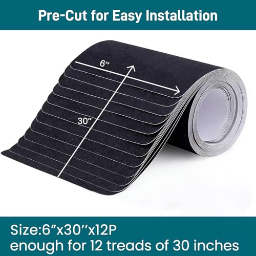 6" x 30" Anti Slip Traction Treads Tape (12-Pack), Pre-Cut Grip Tape for Stair Steps Outdoor, Waterproof Black Non Slip Stair Treads for Floor Safety, Easy to Install - color: Black, size: 6" x 30"
