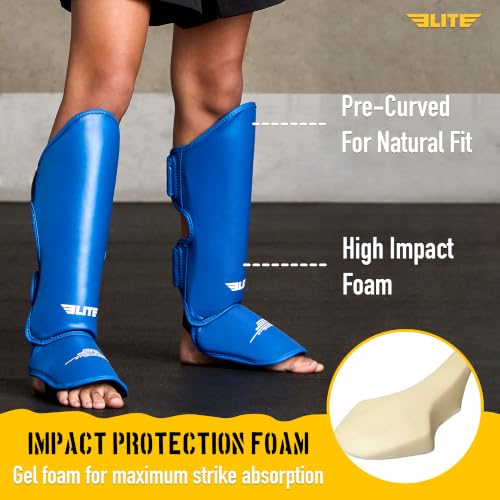 Elite Sports Muay Thai MMA Kickboxing Boys and Girls Shin Guards for Age 4 to 14 Years, Instep Guard Sparring Protective Leg Shin Kick Pads for Kids - color: Blue, size: Medium