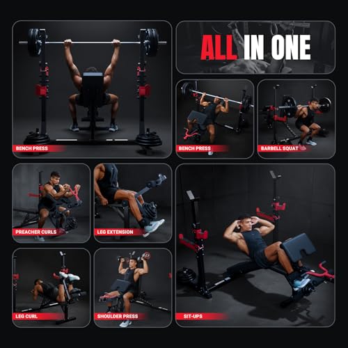 YOLEO Olympic Weight Bench Set with Rack, 1980LBS Capacity Bench Press Rack System, 47.44" Wide-Grip Bench, Leg Extension & Preacher Curl, Adjustable Incline Decline Weight Bench for Home Gym