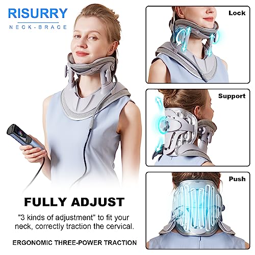 Cervical Neck Traction Device Fast Air Pump Neck Brace, Adjustable Inflatable Neck Stretcher with 3 Power Tractions Pain Relief Neck Decompression Tension Relief - color: Grey Fast Air Pump