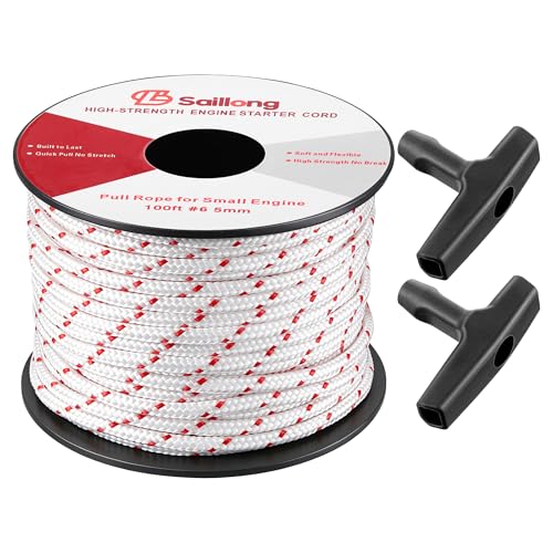Saillong 5mm 100ft Starter Rope, Pull Cord Rope for Small Engine with 2 Starter Handle, Wear Resistant, Low Stretch, Replacement for Lawn Mower Chainsaw Trimmer Edger Brush Cutter (White & Red) - color: White & Red, size: 5mm