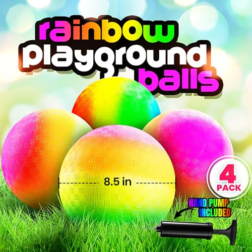 PlayBolt Rainbow Playground Balls - 8.5 Inch (Pack of 4) Rubber Bouncy Colorful Inflatable Balls for Kids and Adults, Indoor & Outdoor Games, Kickball, Dodgeball, Four Square, Dodge, Recess, Handball - size: 8.5-Inch - Pack of 4