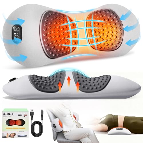 FunBy 3-in-1 Electric Lumbar Support Pillow,Triple Fusion Back Massager with Heat,Vibration&Traction,Back Support Pillow for Bed and Chair,Lumbar Support Pillow for Lower Back Pain Relief-LightGray - color: Lightgray