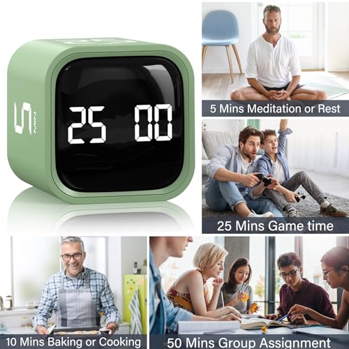 Rotating Pomodoro Timer 5, 25, 10 50 Minutes Preset, Desk Productivity Flip Timer, ADHD Tool Cube Countdown Stopwatch, Vibration/High/Low Volume/Custom Modes, for Work, Study, Back to School, Green - color: Green