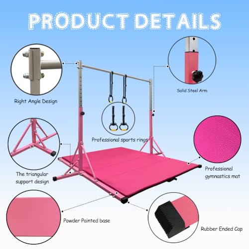 Gymnastics Bar for Kids Girls Ages 3-15 with Ring for Home Indoor Training Equipment- Steady Steel Construction, Anti-Slip, Easy to Assemble, 3' to 5' Adjustable Height - color: PINK, size: 4.8FT, style: FOLDABLE BAR WITH MAT&RING