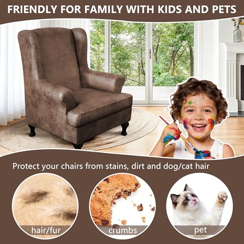 ANARACHON Leather Look Wingback Chair Covers, 2-Piece Wing Chair slipcover,Stretch Wing Back Armchair Slipcovers with Elastic Bottom, Soft Spandex Furniture Protector for Living Room (Light Brown #2) - color: Light Brown #2