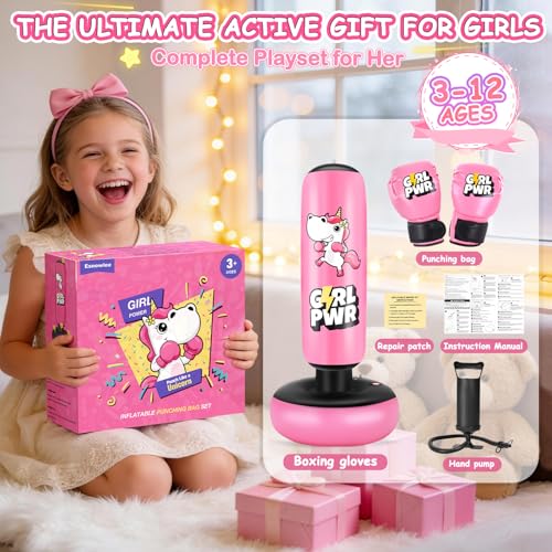 Inflatable Punching Bag, 66" Inflatable Boxing Bag for Kids with Boxing Gloves for 3-12 Girls, Stable Boxing Set for Practicing Karate, Taekwondo, Unicorn Toy & Gifts for Girls