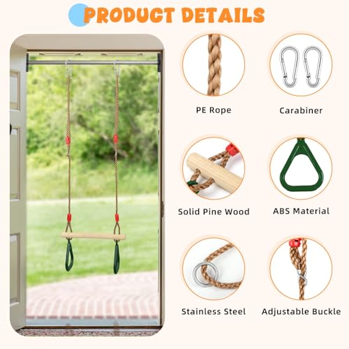 Trapeze Swing Bar for Kids, Wooden Swing Set Hanging Bar with Plastic Gym Rings, 2 Buckle Straps for Ninja Warrior Obstacle Course Trapeze Bar for Swing Set, Indoor & Outdoor Trapeze (Green) - color: Green