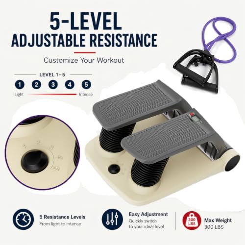 Air Stepper Exercise Machine with Resistance Bands, 5-Level Adjustable Resistance, 300 lb Capacity Stair Stepper with LED Monitor, Low-Impact Home Cardio and Full Body Workout Equipment - color: Beige/Black