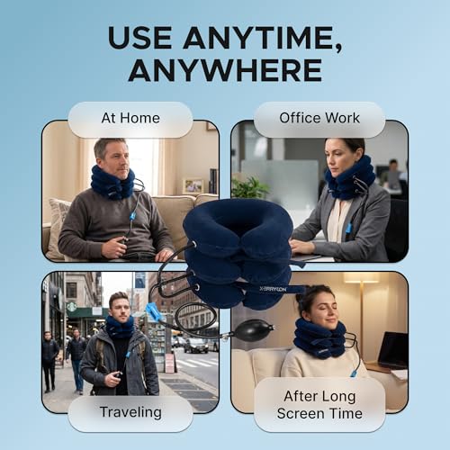 Inflatable Neck Stretcher for Neck Pain Relief, Cervical Traction Device with Hand Pump, 3-Layer Adjustable Neck Decompression Collar for Pinched Nerve, Stiff Neck & Tech Neck Support | Breathable Material - color: Midnight Navy Blue