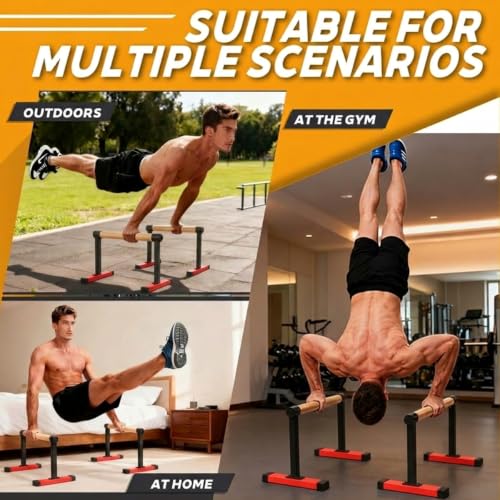 Wooden Parallel Bars 20" Length 12" Height,Dip Bar with Thick Beech Handles, Push-up stands for Handstand, L-Sit, Gymnastics, Strength Training Home Gym,Anti-slip Mats, Easy to Install,700lbs - color: Red