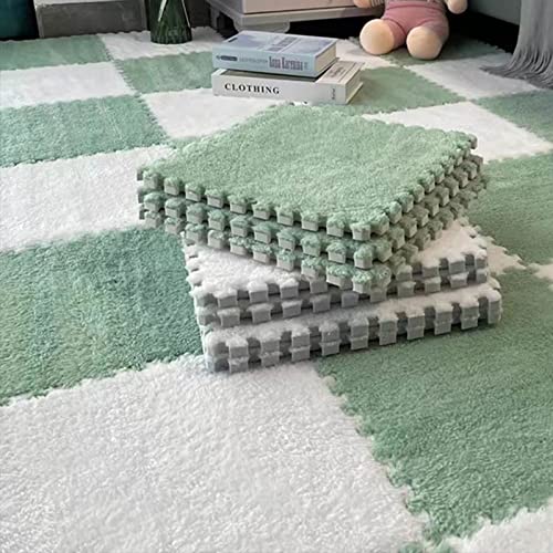 10pcs Plush Puzzle Foam Floor Mat, Soft Fluffy Interlocking Square Foam Tiles Area Rugs Carpet for Parlor Bedroom Decoration(11.8x11.8in, Green&White) - color: Green&white