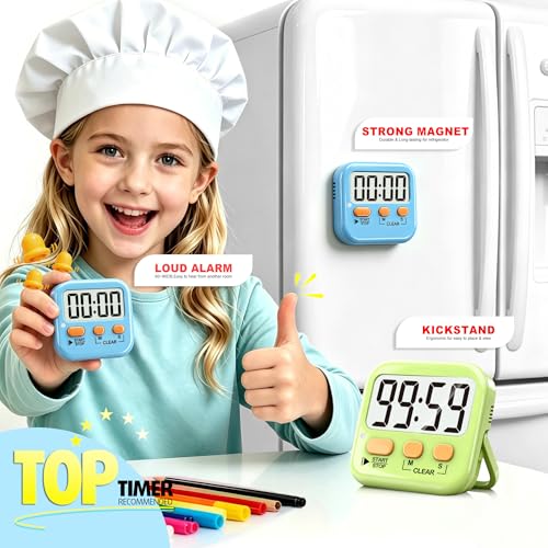Antonki 2 Pack Digital Timer for Kids, Magnetic Countdown Kitchen Timers for Cooking, Egg, Classroom, Teacher, Exercise, Study, Oven - Battery Included - color: 2 * Green+ Sky Blue ( 95%+select for Kids )