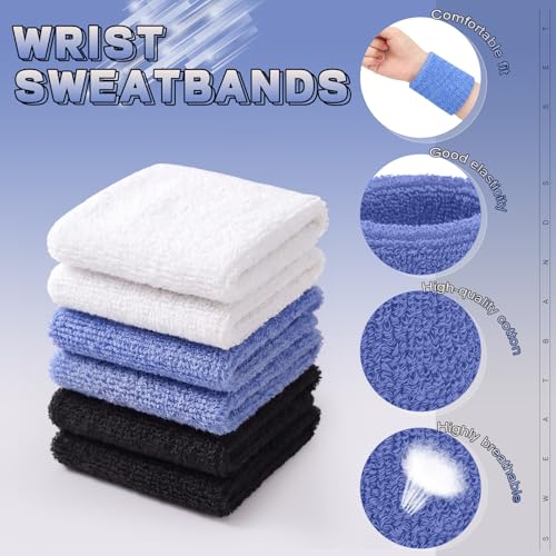 Willbond Wrist Sweatbands, Sports Sweatbands for Competition, Sweat Absorbent, for Basketball, Tennis, Football, Running and Work (Pack of 6) - color: Black,White ,Lake Blue