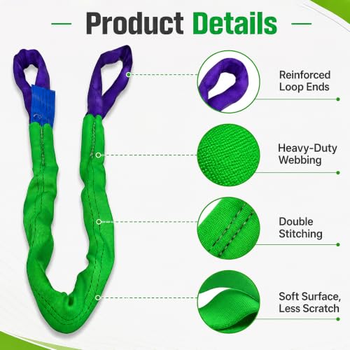 2" x 5' Lifting Slings Straps Polyester Heavy Duty Web Slings 4400 Lbs Vertical, 3520 Lbs Choker, 8800 Lbs Basket (Green/Purple) - size: 2 Inch x 5 Feet