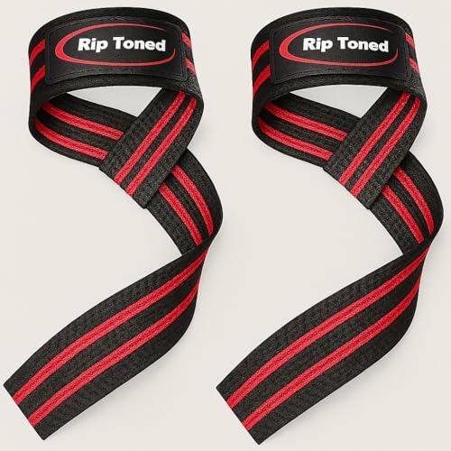 Rip Toned Lasso Lifting Straps for Weightlifting, 23¼" Padded | 1 Pair, cotton, non-latex neoprene. No break-in. Quick release. Deadlifts, rows, shrugs, pull-ups. Machine washable. - color: Red/Black