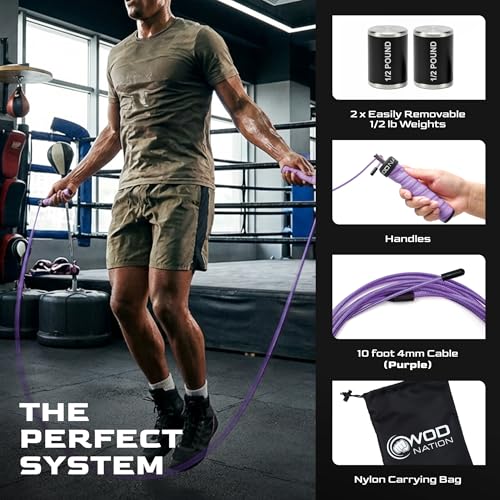 Weighted Jump Rope for Men & Women, 1LB Adjustable Heavy Speed Rope with Removable Handle Weights, Dual Cables for Cross Training Boxing Cardio & Home Workouts Durable Adult Fitness Jump Rope - Purple
