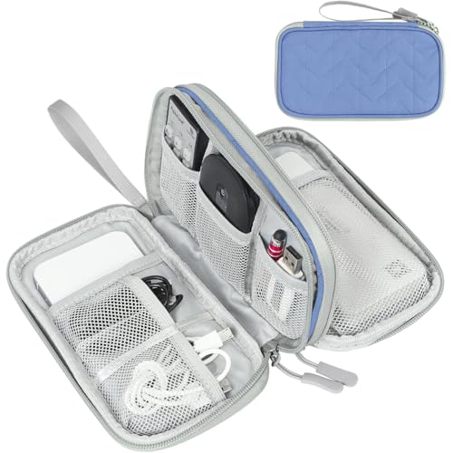 FYY Electronic Organizer, Travel Tech Pouch Bag, Medium, Blue Quilted | Wrist Strap, Waterproof, Double Layers Portable Electronics Travel Carrying Case for Cord, Charger, Daily Business Trips Use - color: Blue Quilted, size: Medium