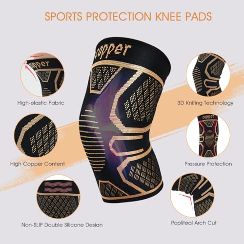 Copper Knee Braces for Knee Pain 2 pack, Knee Compression Sleeve Support for Men and Women, Medical Grade Knee Brace for Working Out Running Arthritis Sports Meniscus Tear Joint Pain Relief M - size: Medium