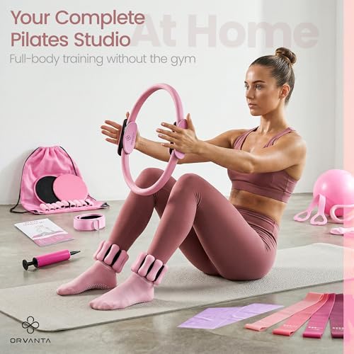 19 PCS Pilates Kit for Home Workouts - Pilates Equipment Set, 14.5" Pilates Accessories with Adjustable Wrist Weights, Pilates Ring and Ball, 5 Resistance Bands, Core Sliders, Socks