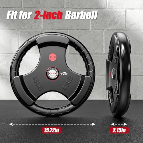 Gikpal Olympic Weight Plates, 2-Inch Three-Grip Rubber Coated Barbell Plates with Steel Hub, Cast Iron Weights for Strength Training & Home Gym, Pair or Sets (2.5–45LB) - style: 2 X 45LBS