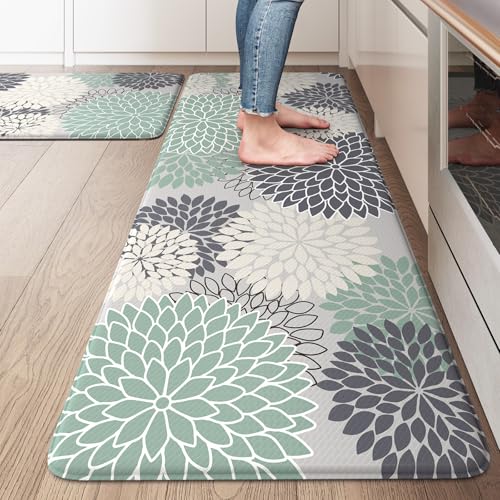 KIMODE Cushioned Anti Fatigue Rugs Sets of 2, Ergonomic Standing Kitchen Mat 2PCS, Boho Kitchen Mats for Floor Stain Resistant, Non Slip Kitchen Sink Rug Waterproof, 20"x32"+20"x47", Teal - color: Bluish Blue, size: 20" x 47"+20" x 32"--0.47 inches