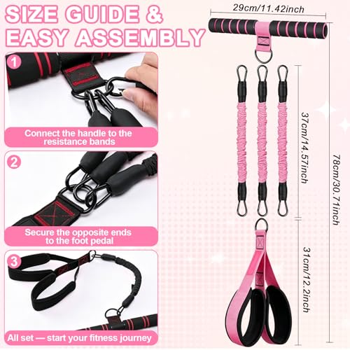 Pedal Resistance Band with Handles, 30-90LB Adjustable Thai Natural Rubber Resistance Bands, 3 Removable Covered Tubes, Full Body Workout Equipment for Abs Arms Legs Waist - color: Pink