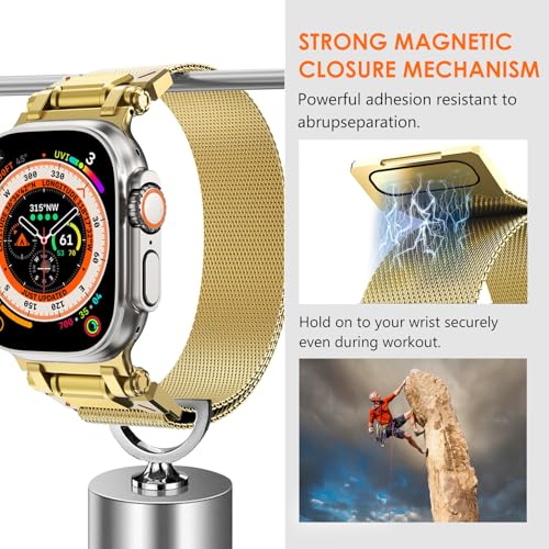 WINGLE Milanese Loop for Apple Watch Band Ultra 3/2/1 Band Ultra 49mm Series 11 10 46mm 45mm 44mm SE 3/2/1 Series 9 8 7 6 5 4 3 Men Women,Parachute-Style Buckle Stainless Steel Mesh Metal iWatch Bands - color: Magnetic Metal Mesh Loop-Gold