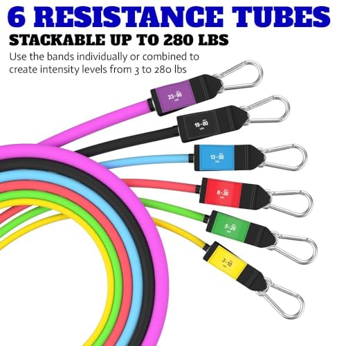 Bodylastics Patented Basic Series Resistance Band Set - Resistance Bands with Snap Reduction Tech, 2 Handles, 2 Ankle Straps, 1 Door Anchor & 1 Carry Bag - color: PRO Max 280 lbs Set Assorted