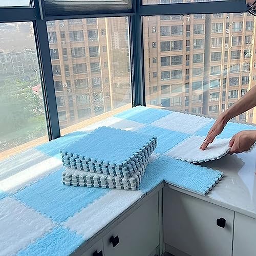 10pcs Plush Puzzle Foam Floor Mat, Soft Fluffy Interlocking Square Foam Tiles Area Rugs Carpet for Parlor Bedroom Decoration(11.8x11.8in, Blue&White) - color: Blue&white