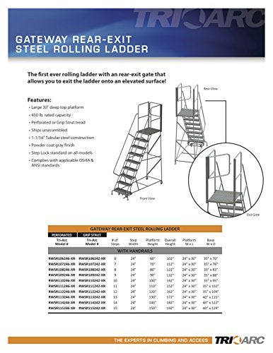 Tri-Arc RWSR107246-XR 7-Step Gateway Rear-Exit Steel Rolling Ladder with 30" Deep Top Platform, Perforated Tread with Handrails, 24" Wide Steps, Gray - size: 7-Step, style: Perforated Tread