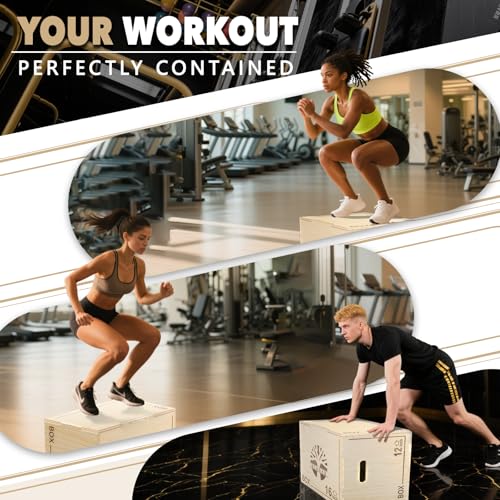 Plyo Box - 3-in-1 Wood Plyometric Jump Platform (16"x12"x8") for Home Gym Training - Ideal for Jumps, Squats & Conditioning-1 Piece - size: 20" x 16" x 12"