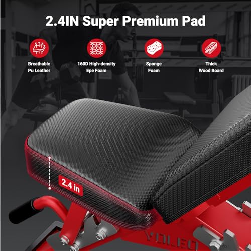 YOLEO Adjustable Weight Bench with Bench Press Stand, Foldable Workout Bench with Extended Head/Elbow Pad(for Users up to 7') - color: Red2