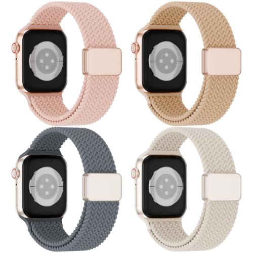 4 Pack Magnetic Stretchy Braided Sport Loop for Apple Watch Band Women Men | Nylon Elastic Strap Compatible with iWatch Series 11/10/9/8/SE/7/6/5/4/Ultra 3 2 for 38mm 40mm 41mm 42mm 44mm 45mm 46mm 49mm - color: Sand Pink/Milk Tea/Blue Grey/Starlight, size