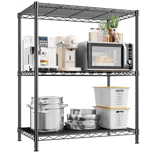 3 Tier Storage Shelves Metal Shelving Unit,Adjustable Wire Rack Pantry Kitchen Shelves,Small Shelf Wire Shelving for Laundry Office Bedroom Dorm Bathroom Closet 24" W x 30" H x 14" D Black Shelves - size: Black-24" W x 30" H x 14" D