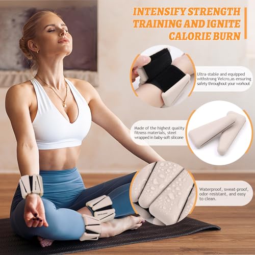 BECOJADDE Ankle Weights Set of 2 (1 lb/2 lb/3 lb Each) Adjustable Wrist Weights for Women Men Wearable Arm Leg Weight for Pilates, Running, Walking, Workout, Yoga - color: Beige, size: 6 Lb Pair (3 Lb Each)