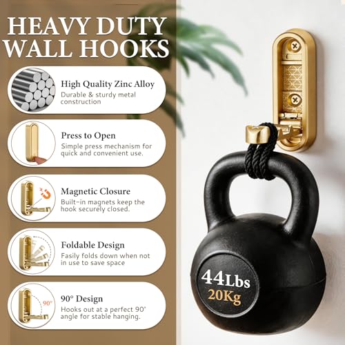 Folding Wall Hooks Gold, 2 Pack Heavy Duty Zinc Alloy Folding Coat Hooks, Foldable Wall Hook for Hanging Clothes, Bags, Hats, Towels, Keys (Gold, 2 Pack) - color: Gold, size: 2 Pack