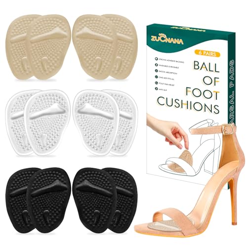 ZUCNANA Metatarsal Pads Ball of Foot Cushions (6 Pairs), Non Slip High Heel Cushion Inserts Women, One Size Fits All Shoe Inserts for Women and Men, Reusable Foot Pads All Day Pain Relief and Comfort - color: Beige + Black + Clear