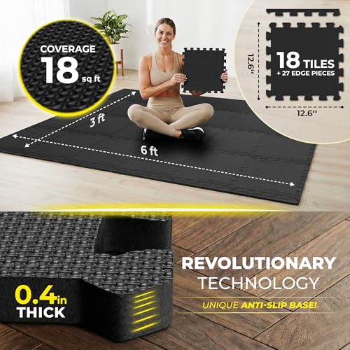 bemaxx Gym Mats Set - 18 pcs EVA Interlocking Foam Floor Tiles (12.6"x12.6"x0.4") 18sqft Protective Gym Flooring Sports Home Workout Exercise Mats Puzzle Garage Fitness Play-Room Pool Treadmill Bike - color: Anthracite | 1-side Antislipx, size: 18 Tiles |