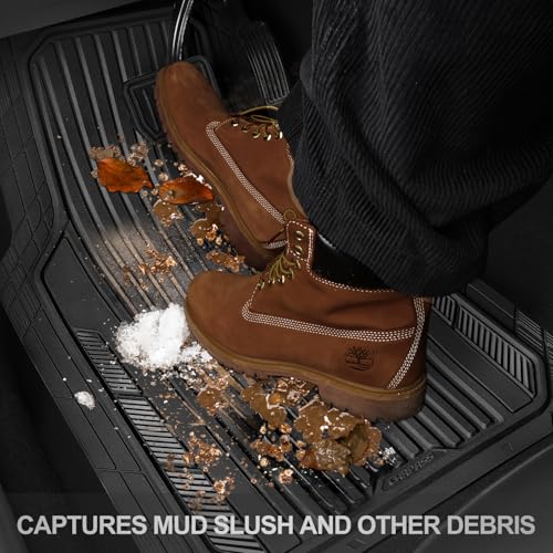 CAR PASS Heavy Duty Sporty Rubber Car Mats, Deep Dish All Weather Car Floor Mats Full Set, Waterproof Anti-Slip Automotive Matts Rugs Trim to Fit for Most Sedans SUVs Vans, All Black - color: black