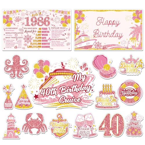Wxiben Cruise Door Decorations Magnetic - 16 Pcs Rose Gold 40th Birthday Cruise Door Magnets with 3 Pens Back in 1986 Carnival Cruise Ship Door Decoration Stickers Decals for Party Cabin Fridge Decor - style: Rose Gold 40th Birthday