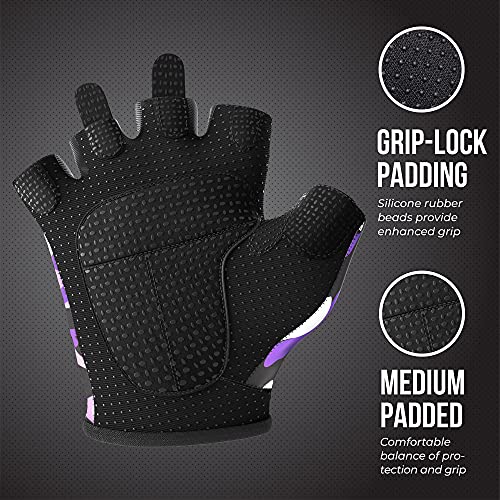 Contraband Pink Label 5217 Women's Design Series Camo Print Lifting and Rowing Gloves (Pair) - Lightweight Vegan Medium Padded Microfiber Amara Leather w/Griplock Silicone - color: Purple, size: X-Small