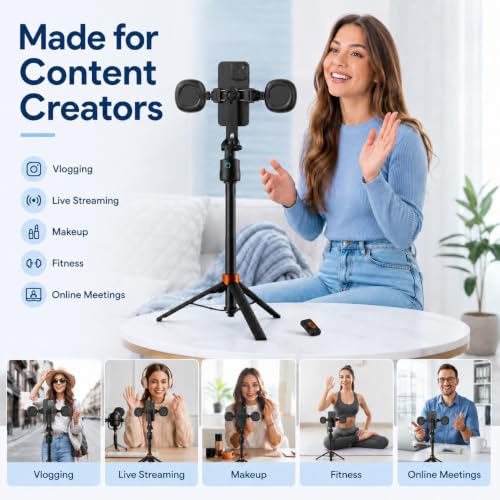 70" Auto Face Tracking Tripod with Light, 360° Smart Phone Stand with Remote, Selfie Stick for iPhone Android, No App Needed, Video Recording Vlogging Live Streaming
