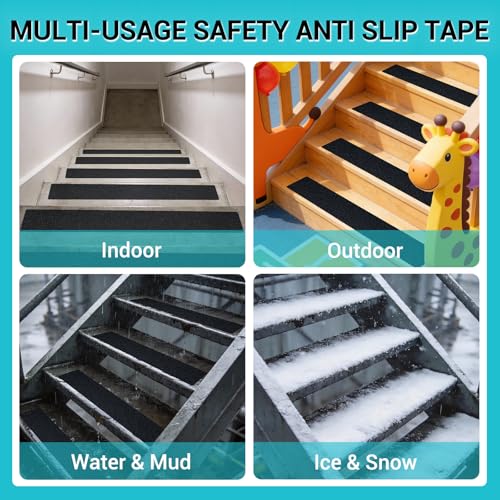 6" x 30" Anti Slip Traction Treads Tape (12-Pack), Pre-Cut Grip Tape for Stair Steps Outdoor, Waterproof Black Non Slip Stair Treads for Floor Safety, Easy to Install - color: Black, size: 6" x 30"